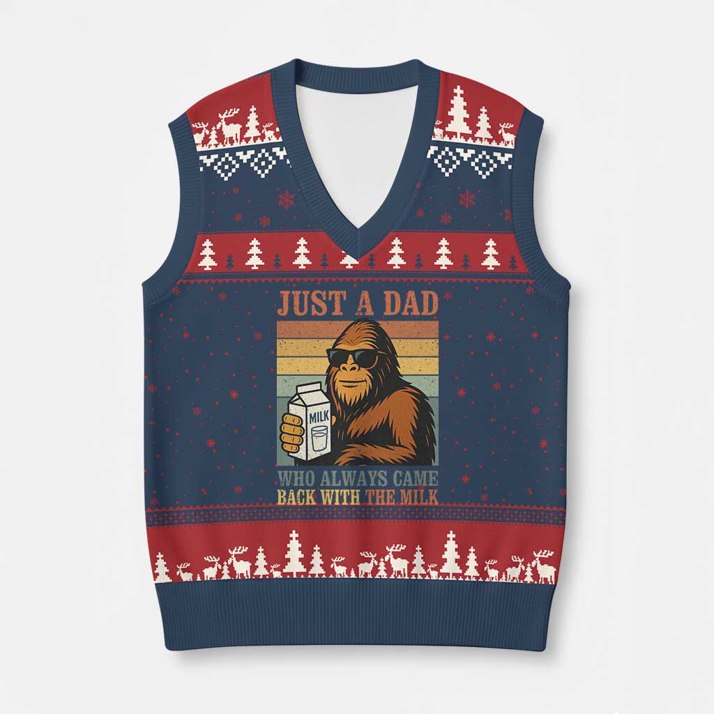 Funny Bigfoot Dad V-Neck Knit Sweater Vest Just A Dad Who Always Came Back With The Milk Retro Father's Day TS02 Navy Red Print Your Wear