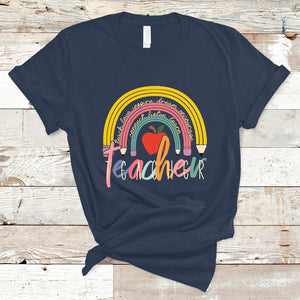 Teacher T Shirt Teacher Teach Love Inspire Rainbow Pencil Back To School TS02 Navy Printyourwear