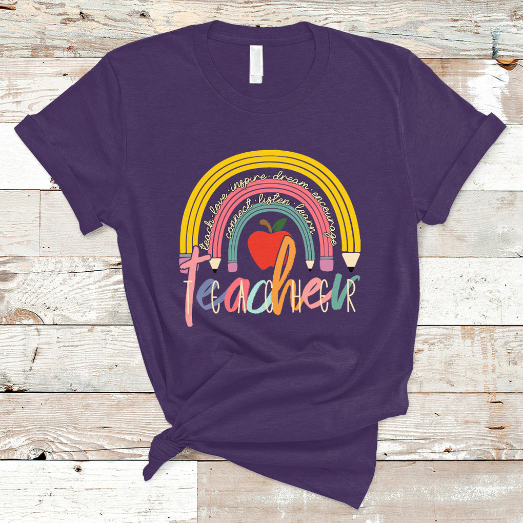 Teacher T Shirt Teacher Teach Love Inspire Rainbow Pencil Back To School TS02 Purple Printyourwear