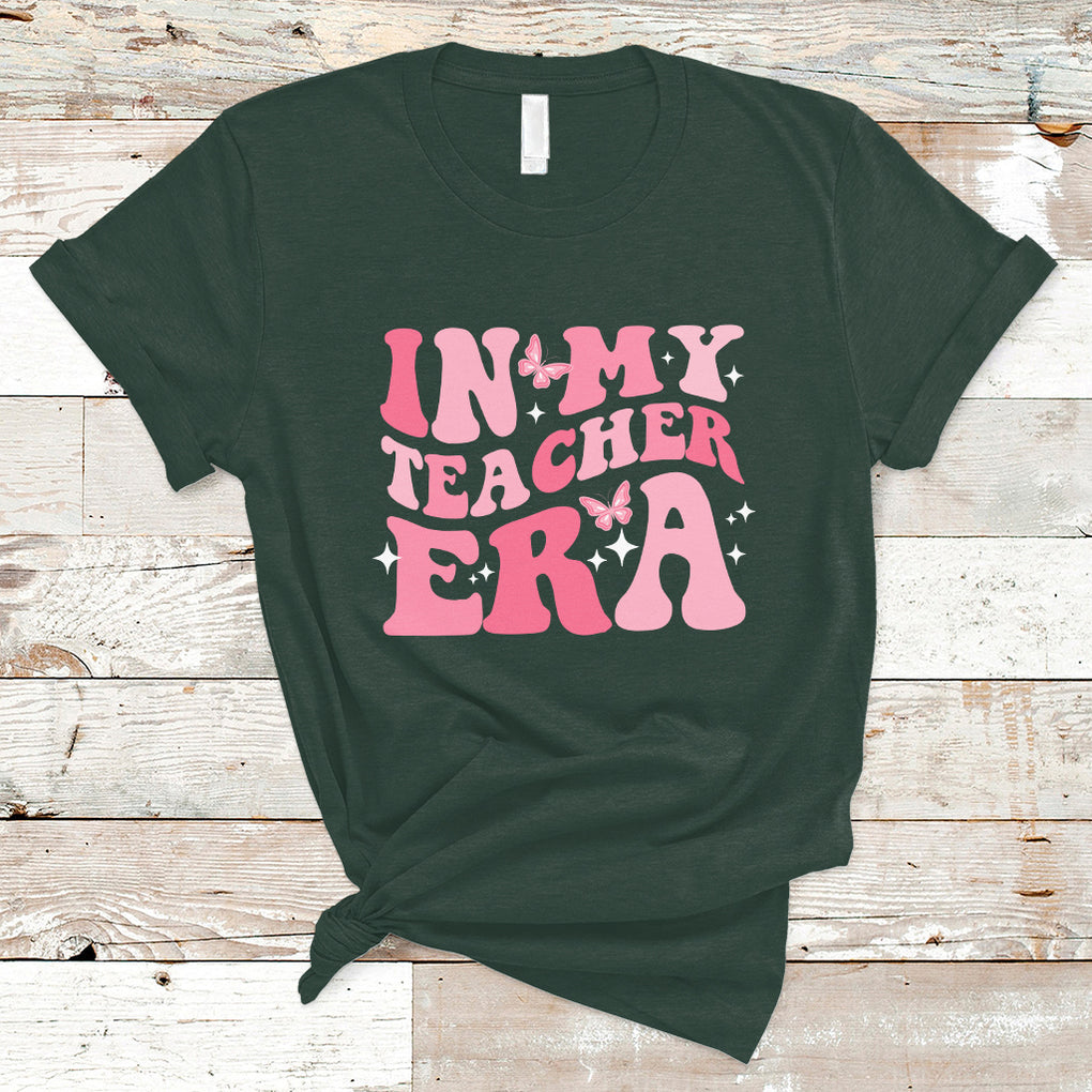 Teacher T Shirt In My Teacher Era Teacher Back To School Butterfly Groovy TS02 Dark Forest Green Printyourwear