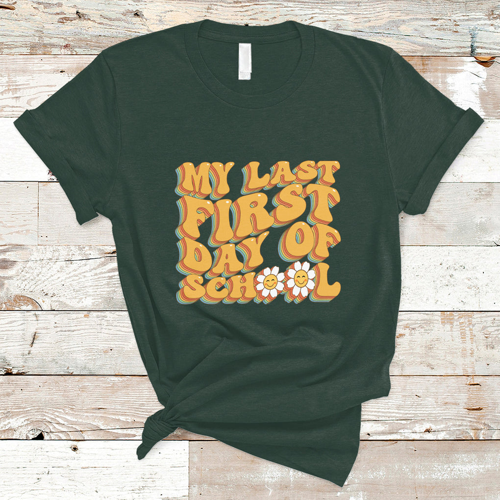 Senior 2024 T Shirt My Last First Day Of School Senior Class Of 2024 High School Groovy TS02 Dark Forest Green Printyourwear