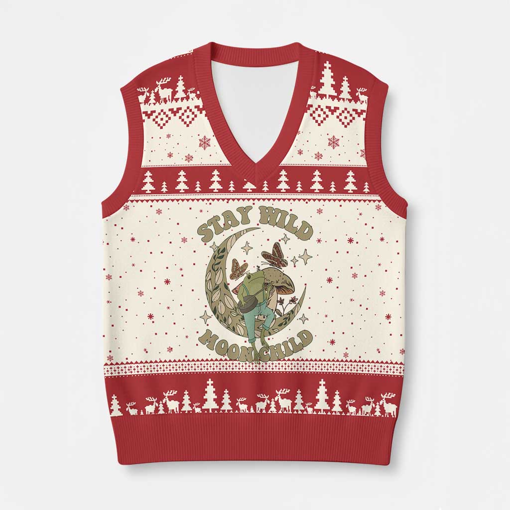 Cottagecore Aesthetic Frog V-Neck Knit Sweater Vest Stay Wild Moon Child Playing Banjo On Mushroom With Butterflies TS02 Beige Red Print Your Wear