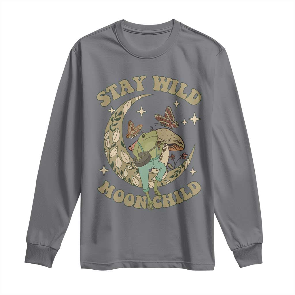 Cottagecore Aesthetic Frog Long Sleeve Shirt Stay Wild Moon Child Playing Banjo On Mushroom With Butterflies TS02 Charcoal Print Your Wear