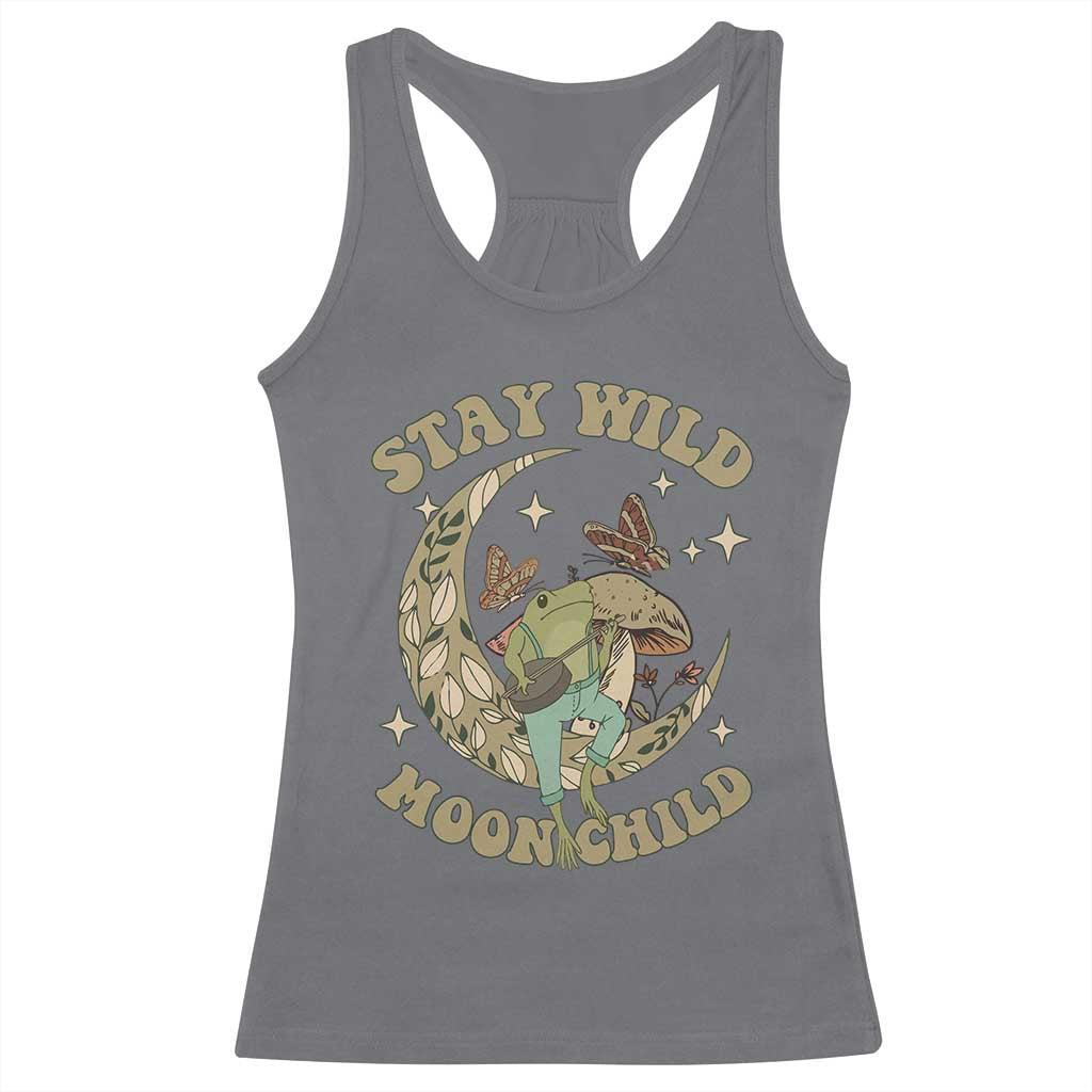 Cottagecore Aesthetic Frog Racerback Tank Top Stay Wild Moon Child Playing Banjo On Mushroom With Butterflies TS02 Charcoal Print Your Wear