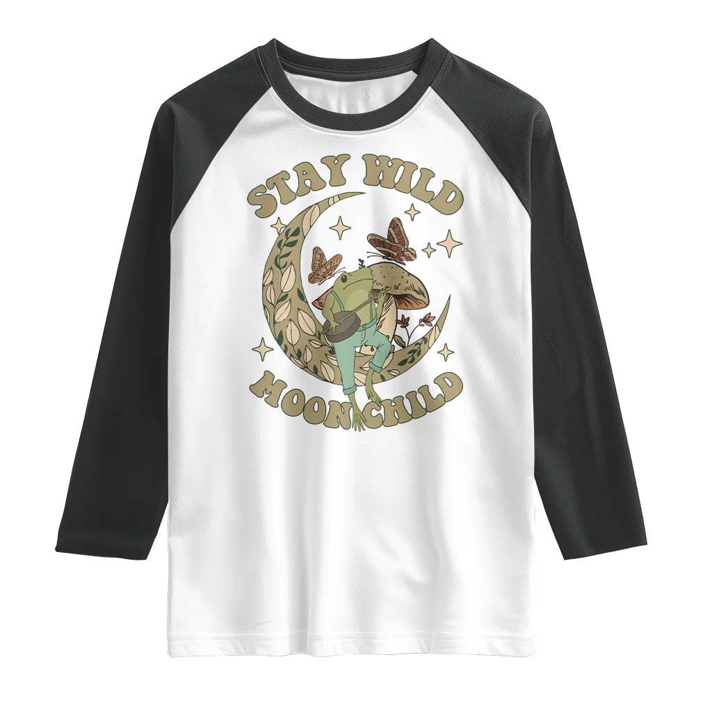 Cottagecore Aesthetic Frog Raglan Shirt Stay Wild Moon Child Playing Banjo On Mushroom With Butterflies TS02 White Black Print Your Wear