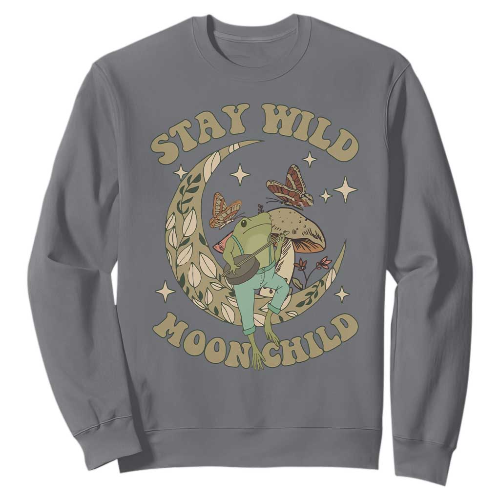 Cottagecore Aesthetic Frog Sweatshirt Stay Wild Moon Child Playing Banjo On Mushroom With Butterflies TS02 Charcoal Print Your Wear