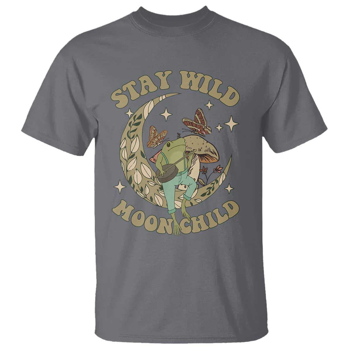 Cottagecore Aesthetic Frog T Shirt Stay Wild Moon Child Playing Banjo On Mushroom With Butterflies TS02 Charcoal Print Your Wear