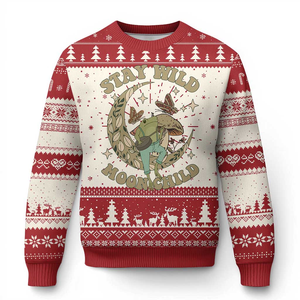 Cottagecore Aesthetic Frog Ugly Christmas Sweater Stay Wild Moon Child Playing Banjo On Mushroom With Butterflies TS02 Red Print Your Wear