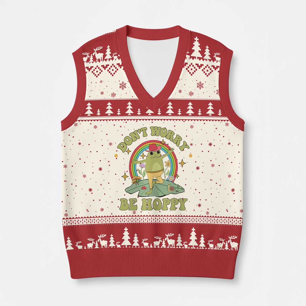 Cottagecore Aesthetic Frog V-Neck Knit Sweater Vest Don't Worry Be Hoppy Meditating TS02 Beige Red Print Your Wear