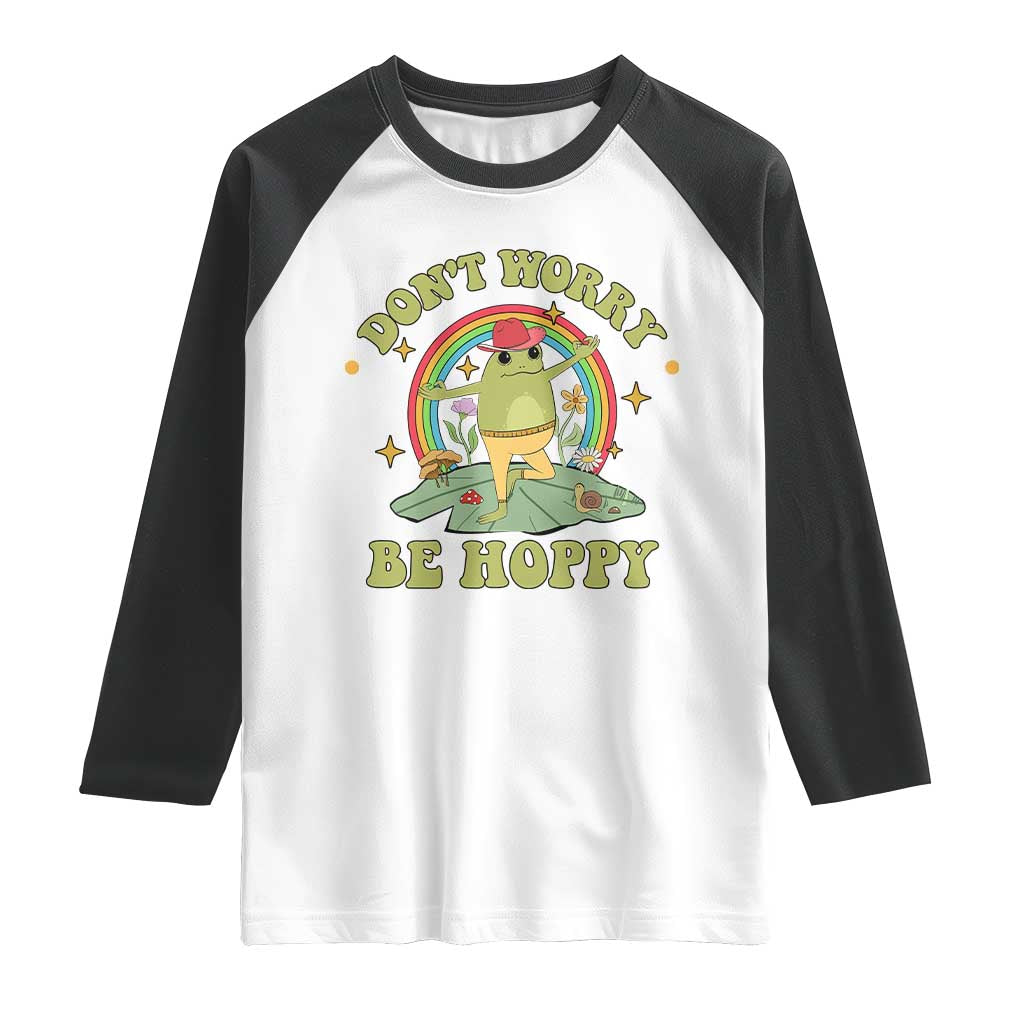 Cottagecore Aesthetic Frog Raglan Shirt Don't Worry Be Hoppy Meditating TS02 White Black Print Your Wear