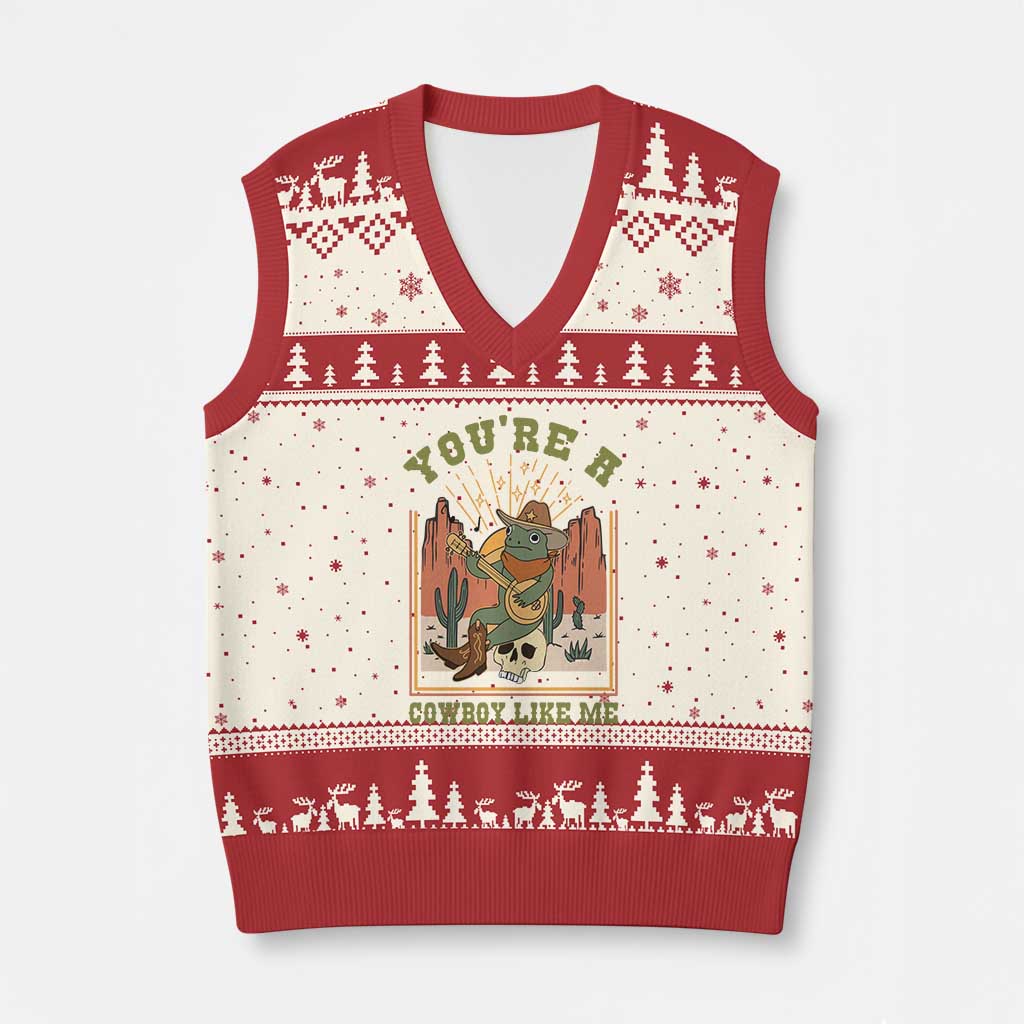 Cottagecore Aesthetic Frog V-Neck Knit Sweater Vest You're A Cowboy Like Me Playing Banjo Western Style TS02 Beige Red Print Your Wear
