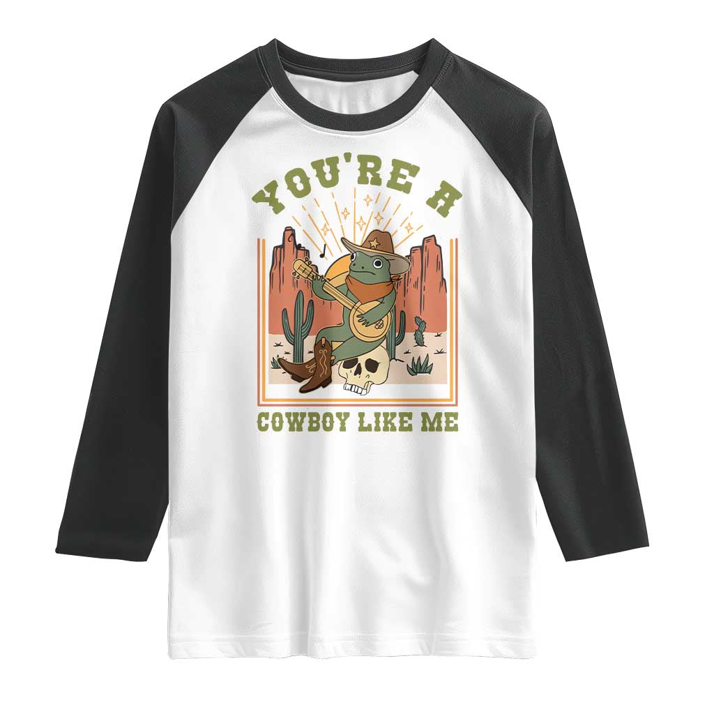 Cottagecore Aesthetic Frog Raglan Shirt You're A Cowboy Like Me Playing Banjo Western Style TS02 White Black Print Your Wear