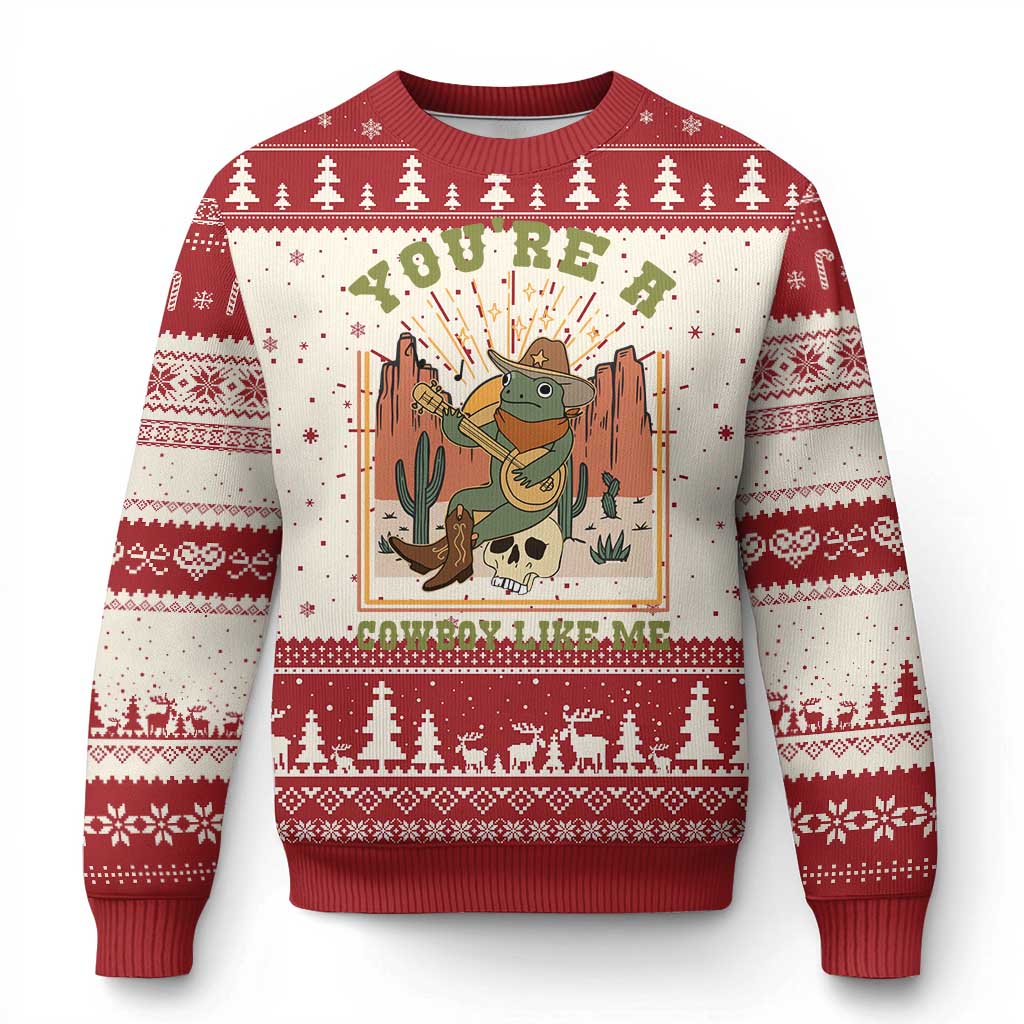 Cottagecore Aesthetic Frog Ugly Christmas Sweater You're A Cowboy Like Me Playing Banjo Western Style TS02 Red Print Your Wear