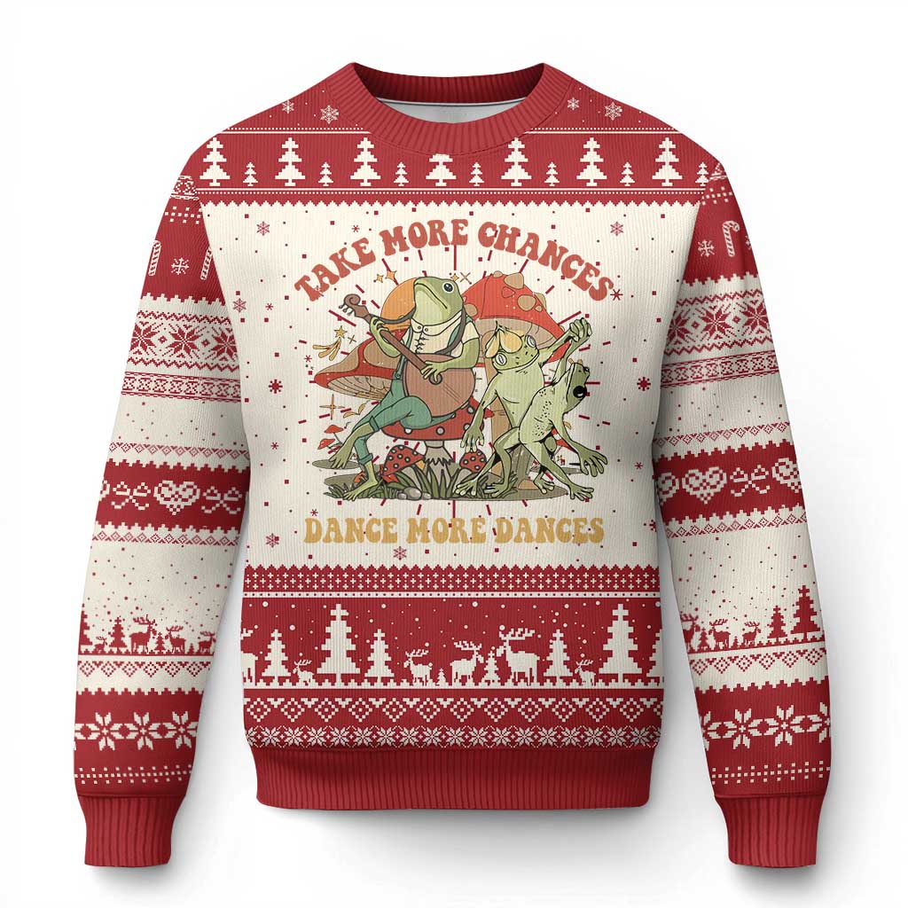 Cottagecore Aesthetic Frog Ugly Christmas Sweater Take More Chances Dance More Dances TS02 Red Print Your Wear