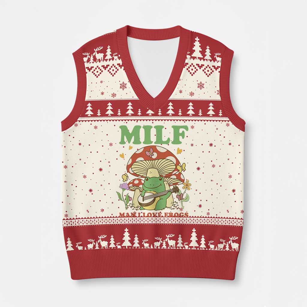 Cottagecore Aesthetic Frog V-Neck Knit Sweater Vest Funny MILF Man I Love Frogs Playing Banjo TS02 Beige Red Print Your Wear