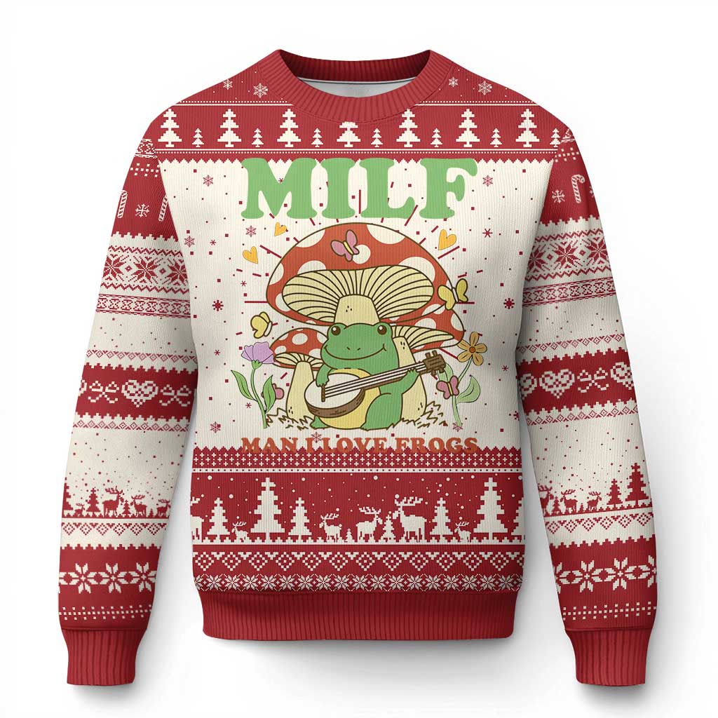 Cottagecore Aesthetic Frog Ugly Christmas Sweater Funny MILF Man I Love Frogs Playing Banjo TS02 Red Print Your Wear