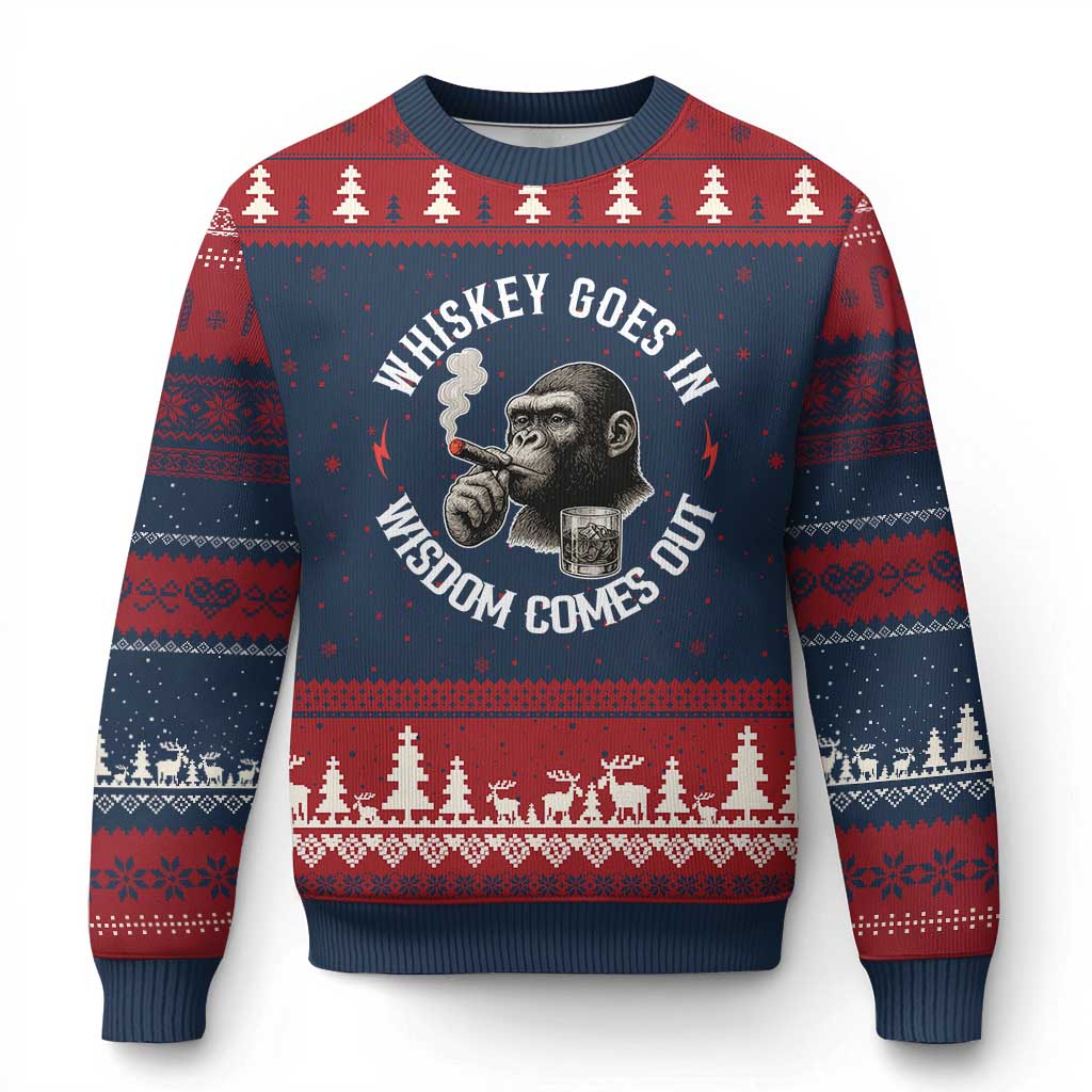Funny Gorilla Whiskey Goes In Wisdom Comes Out Ugly Christmas Sweater Cigarette and Drinking Addict Humor TS02 Navy Red Print Your Wear