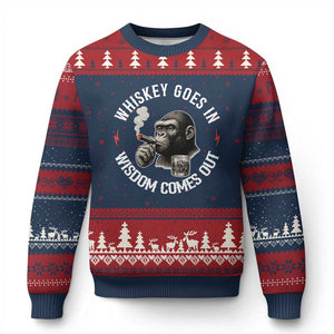 Funny Gorilla Whiskey Goes In Wisdom Comes Out Ugly Christmas Sweater Cigarette and Drinking Addict Humor TS02 Navy Red Print Your Wear