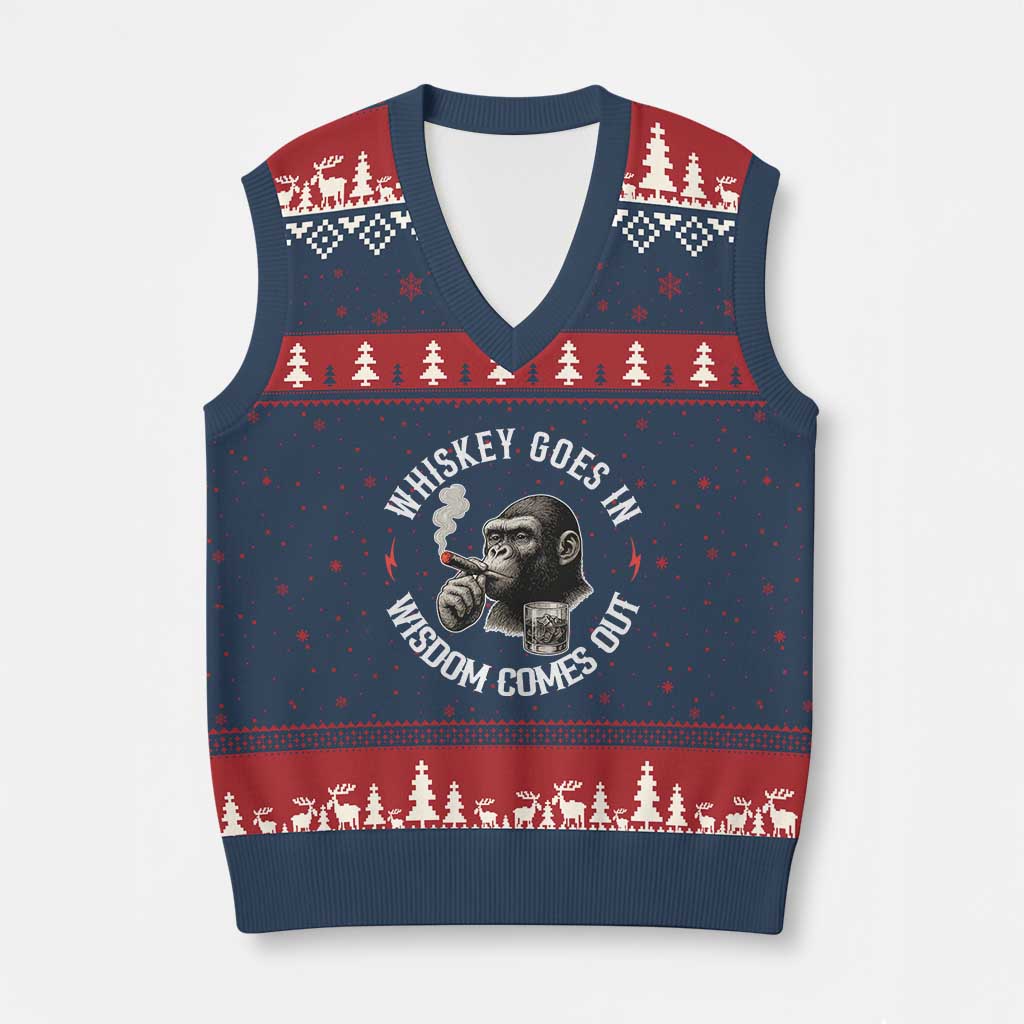 Funny Gorilla Whiskey Goes In Wisdom Comes Out V-Neck Knit Sweater Vest Cigarette and Drinking Addict Humor TS02 Navy Red Print Your Wear