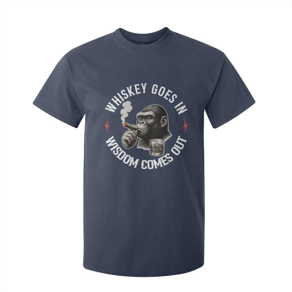 Funny Gorilla Whiskey Goes In Wisdom Comes Out T Shirt For Kid Cigarette and Drinking Addict Humor TS02 Navy Print Your Wear