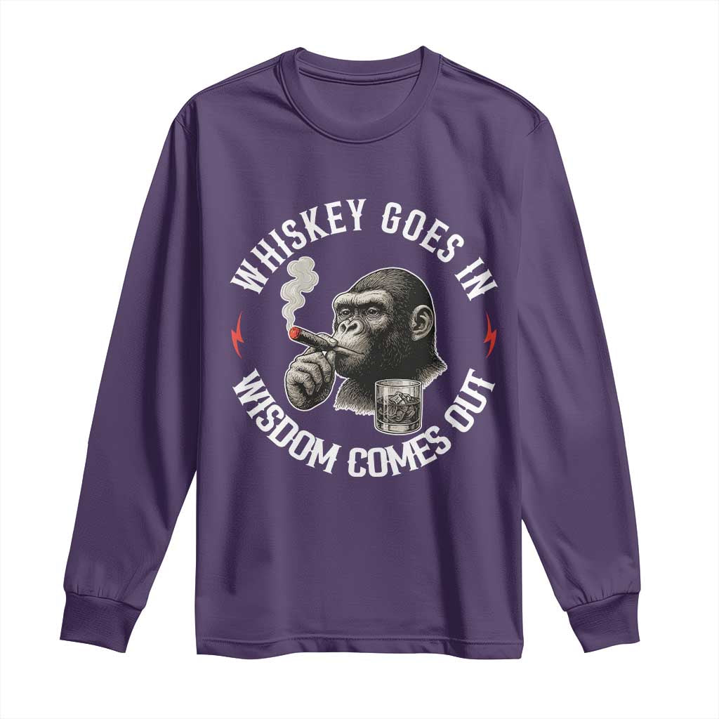 Funny Gorilla Whiskey Goes In Wisdom Comes Out Long Sleeve Shirt Cigarette and Drinking Addict Humor TS02 Purple Print Your Wear