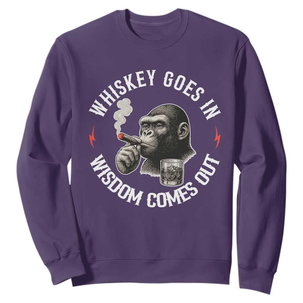 Funny Gorilla Whiskey Goes In Wisdom Comes Out Sweatshirt Cigarette and Drinking Addict Humor TS02 Purple Print Your Wear