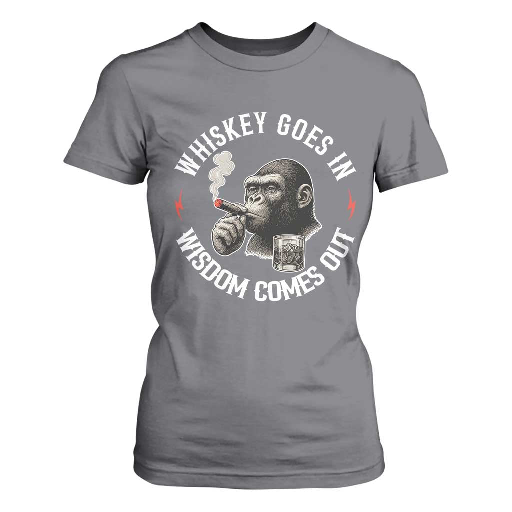 Funny Gorilla Whiskey Goes In Wisdom Comes Out T Shirt For Women Cigarette and Drinking Addict Humor TS02 Charcoal Print Your Wear