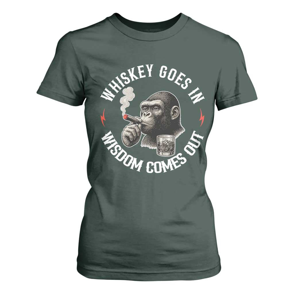 Funny Gorilla Whiskey Goes In Wisdom Comes Out T Shirt For Women Cigarette and Drinking Addict Humor TS02 Dark Forest Green Print Your Wear
