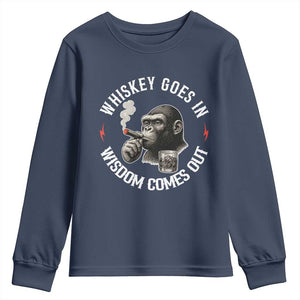 Funny Gorilla Whiskey Goes In Wisdom Comes Out Youth Sweatshirt Cigarette and Drinking Addict Humor TS02 Navy Print Your Wear