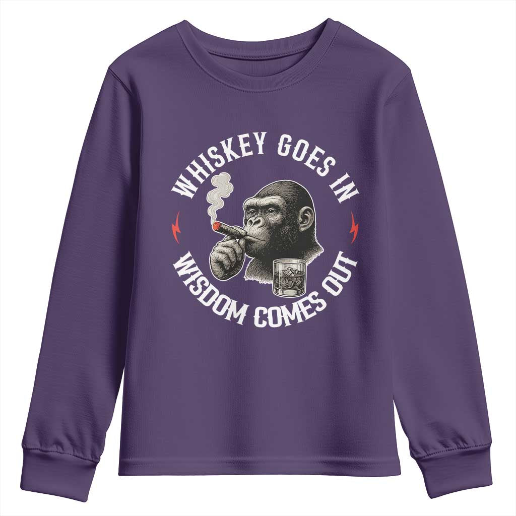 Funny Gorilla Whiskey Goes In Wisdom Comes Out Youth Sweatshirt Cigarette and Drinking Addict Humor TS02 Purple Print Your Wear