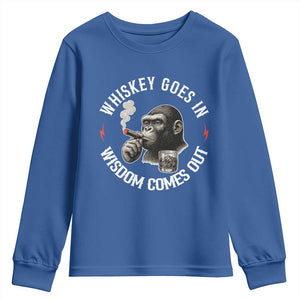 Funny Gorilla Whiskey Goes In Wisdom Comes Out Youth Sweatshirt Cigarette and Drinking Addict Humor TS02 Royal Blue Print Your Wear