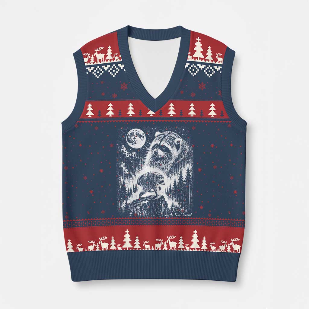 Jimothy Three Raccoon Moon Parody Wildlife Graphic V-Neck Knit Sweater Vest Vintage Seattle Feral Legend Trash Panda Meme TS02 Navy Red Print Your Wear