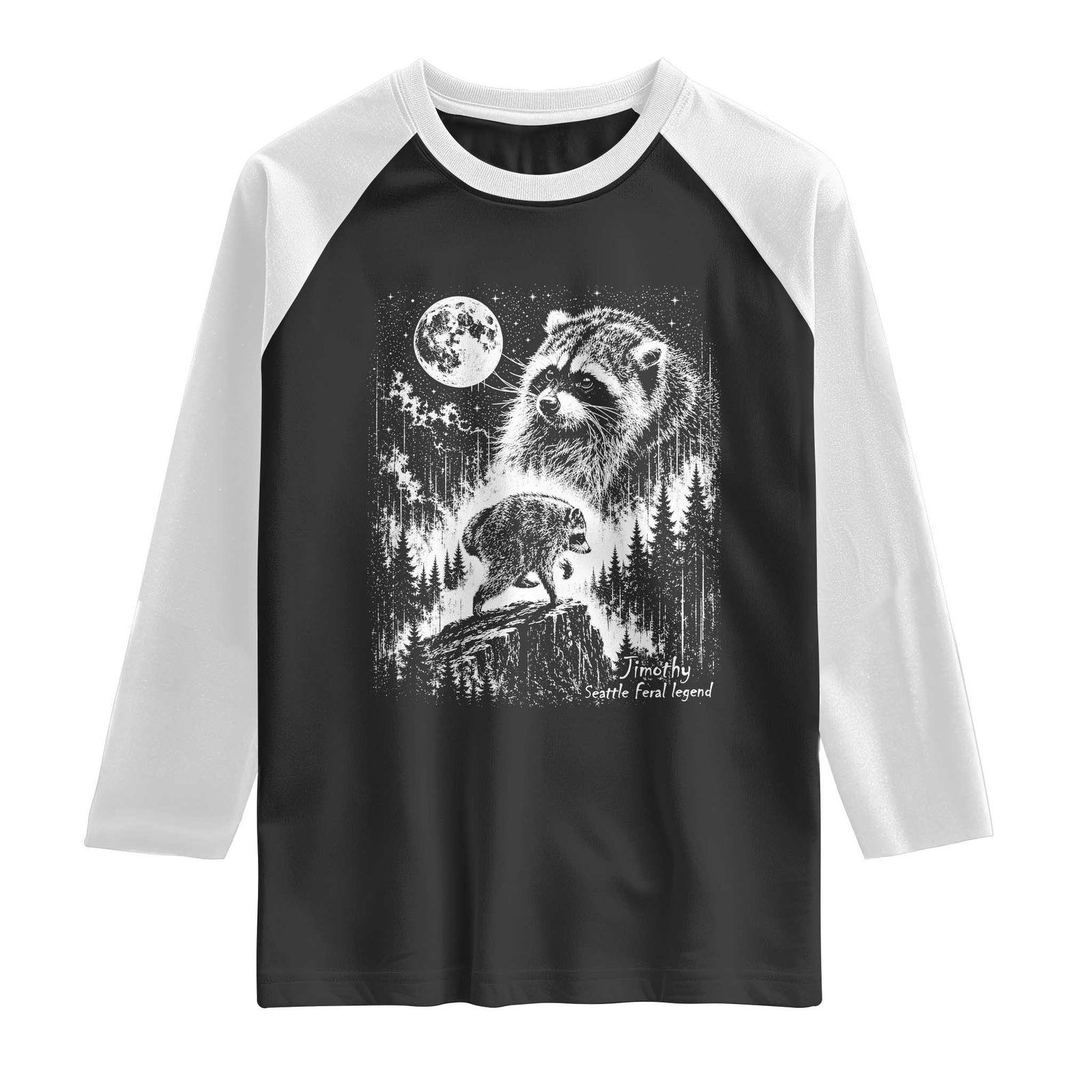 Jimothy Three Raccoon Moon Parody Wildlife Graphic Raglan Shirt Vintage Seattle Feral Legend Trash Panda Meme TS02 Black White Print Your Wear
