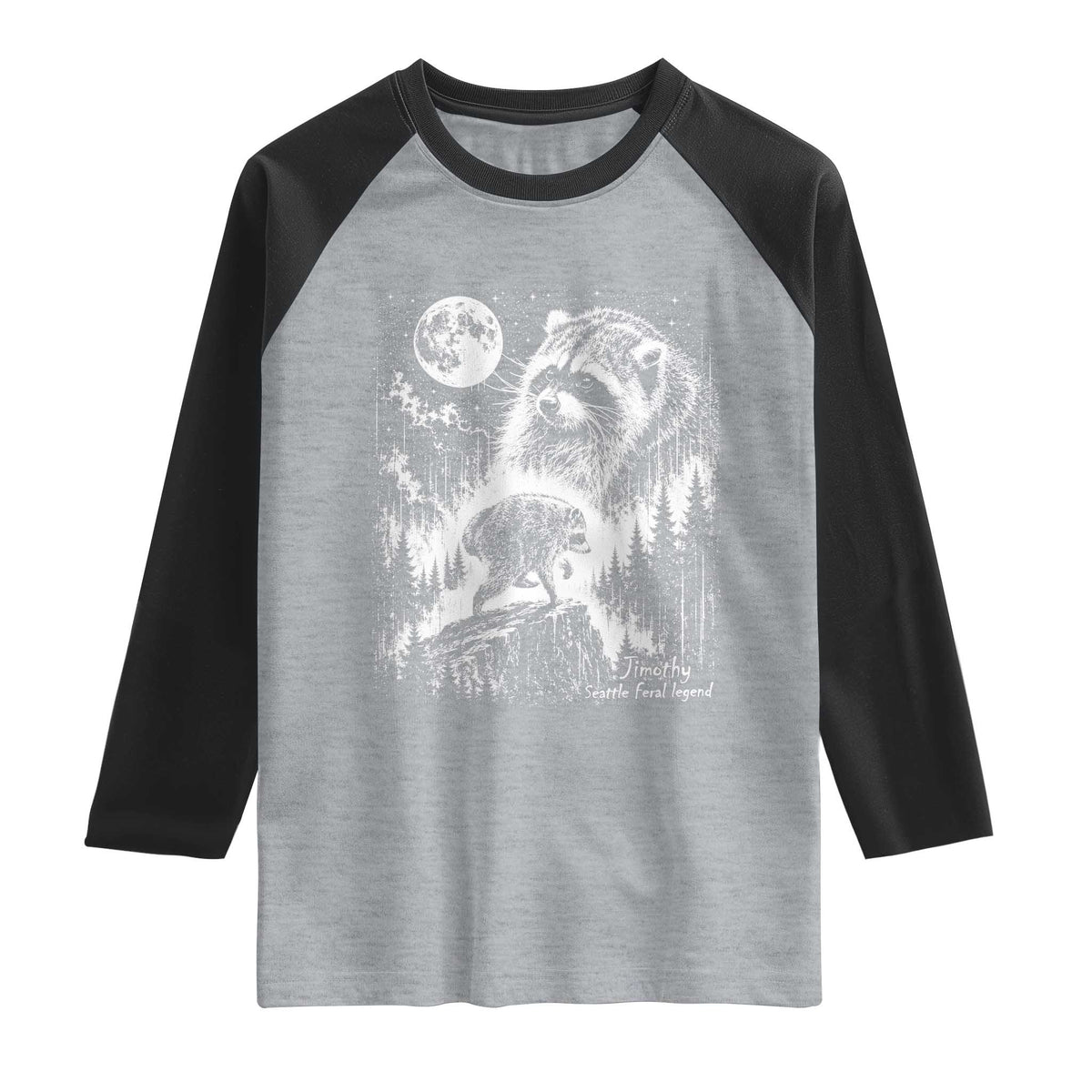 Jimothy Three Raccoon Moon Parody Wildlife Graphic Raglan Shirt Vintage Seattle Feral Legend Trash Panda Meme