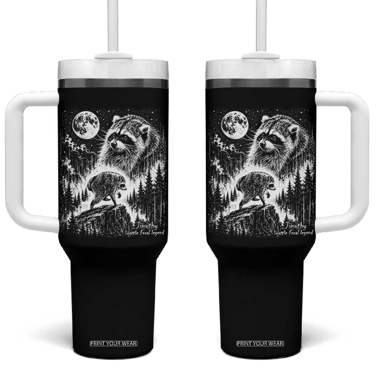 Jimothy Three Raccoon Moon Parody Wildlife Graphic Tumbler With Handle Vintage Seattle Feral Legend Trash Panda Meme TS02 One Size: 40 oz Black Print Your Wear