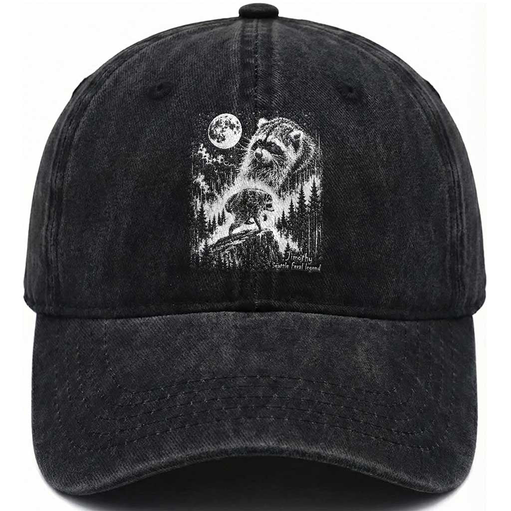 Jimothy Three Raccoon Moon Parody Wildlife Graphic Washed Cotton Baseball Cap Vintage Seattle Feral Legend Trash Panda Meme TS02 Print Your Wear