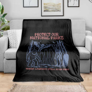 Protect Our National Parks Funny Cryptid Society Vintage Graphic Throw Blanket Bigfoot Mothman Wendigo Where Legends Still Roam Free