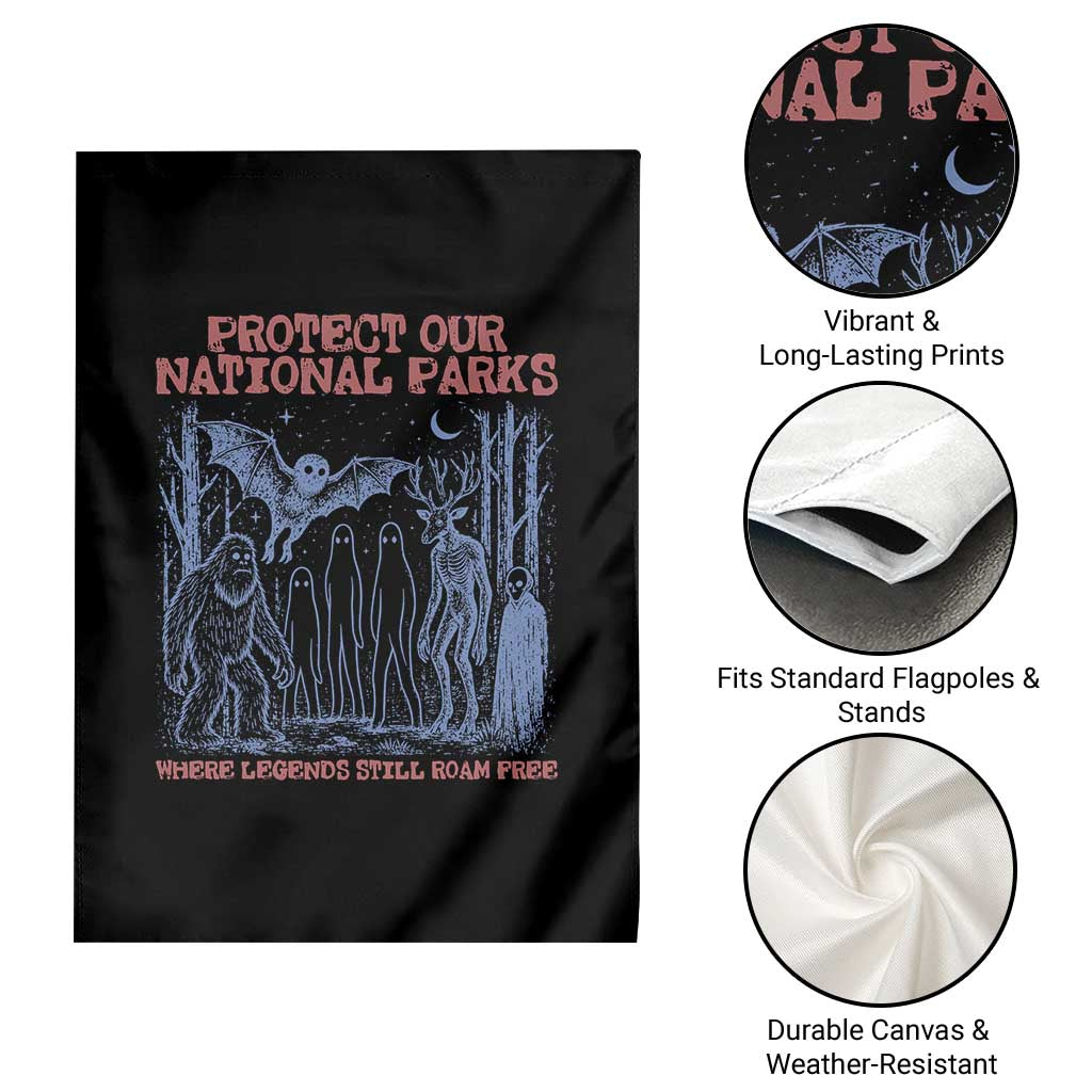 Protect Our National Parks Funny Cryptid Society Vintage Graphic Garden Flag Bigfoot Mothman Wendigo Where Legends Still Roam Free