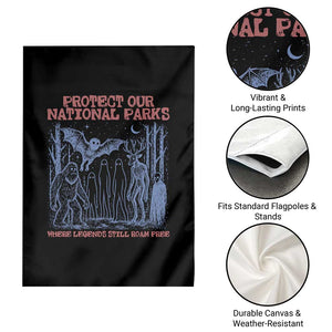 Protect Our National Parks Funny Cryptid Society Vintage Graphic Garden Flag Bigfoot Mothman Wendigo Where Legends Still Roam Free