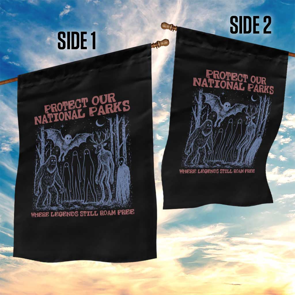 Protect Our National Parks Funny Cryptid Society Vintage Graphic Garden Flag Bigfoot Mothman Wendigo Where Legends Still Roam Free