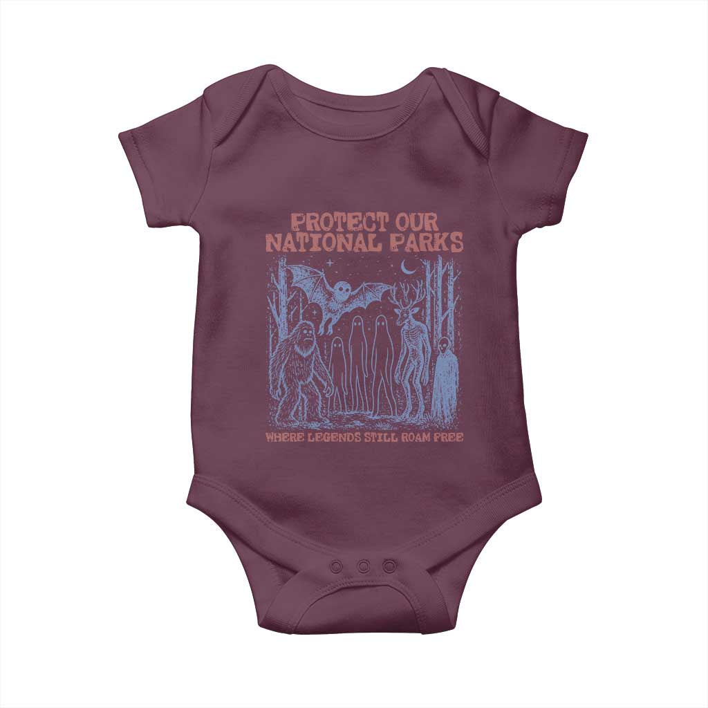 Protect Our National Parks Funny Cryptid Society Vintage Graphic Baby Onesie Bigfoot Mothman Wendigo Where Legends Still Roam Free