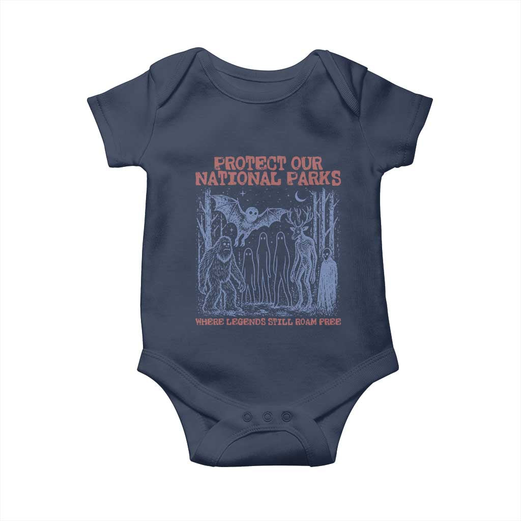 Protect Our National Parks Funny Cryptid Society Vintage Graphic Baby Onesie Bigfoot Mothman Wendigo Where Legends Still Roam Free