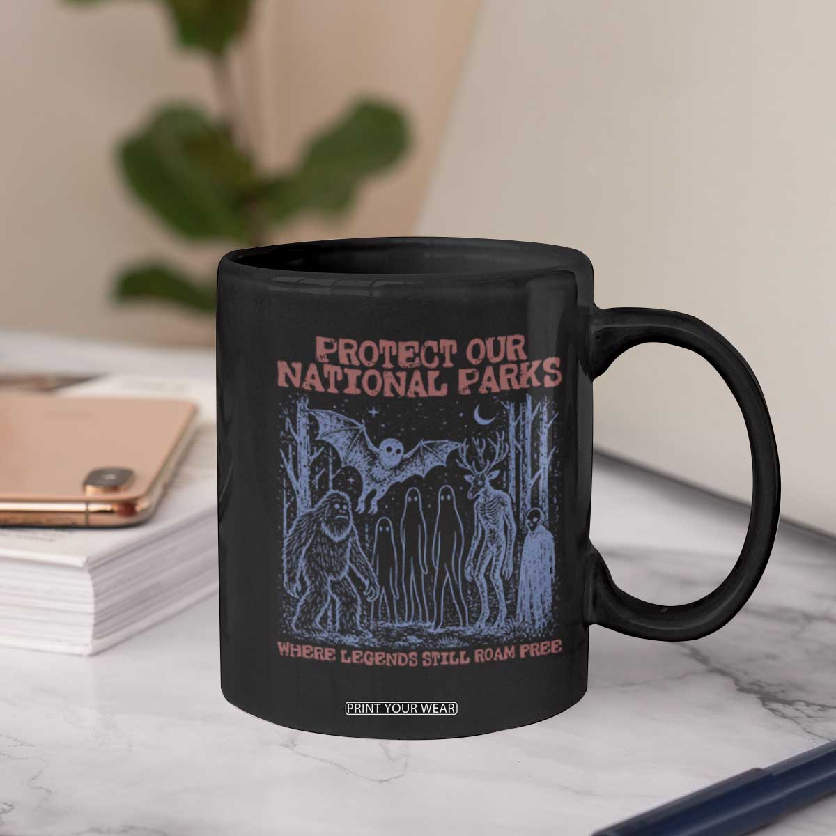 Protect Our National Parks Funny Cryptid Society Vintage Graphic Coffee Mug Bigfoot Mothman Wendigo Where Legends Still Roam Free