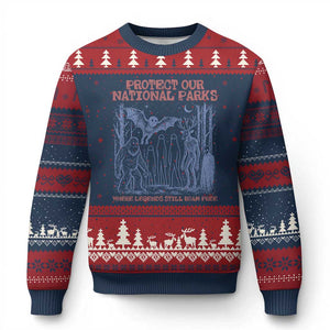 Protect Our National Parks Funny Cryptid Society Vintage Graphic Ugly Christmas Sweater Bigfoot Mothman Wendigo Where Legends Still Roam Free