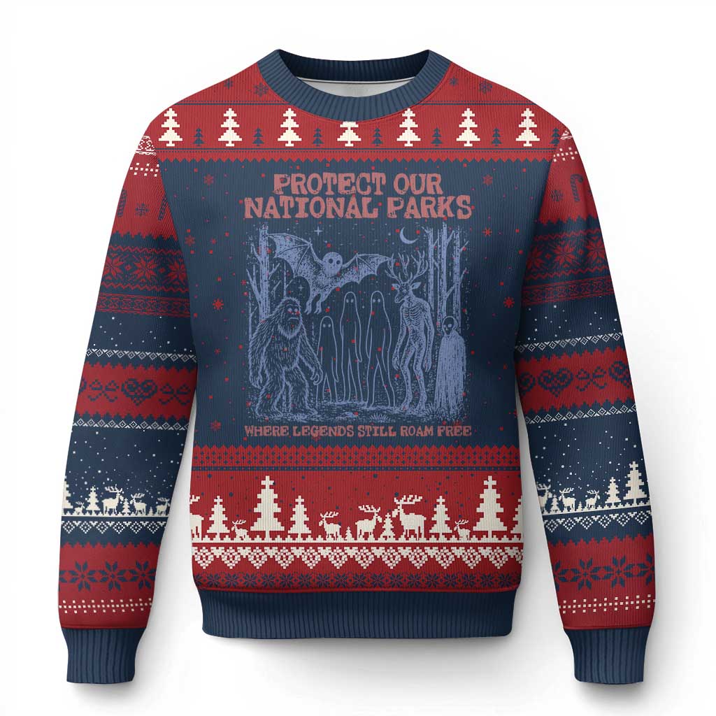 Protect Our National Parks Funny Cryptid Society Vintage Graphic Ugly Christmas Sweater Bigfoot Mothman Wendigo Where Legends Still Roam Free TS02 Navy Red Print Your Wear