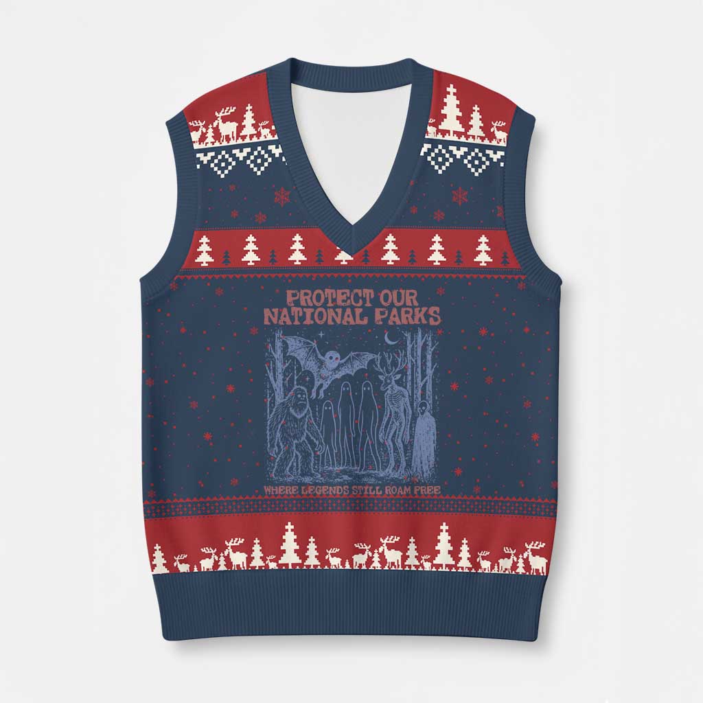 Protect Our National Parks Funny Cryptid Society Vintage Graphic V-Neck Knit Sweater Vest Bigfoot Mothman Wendigo Where Legends Still Roam Free