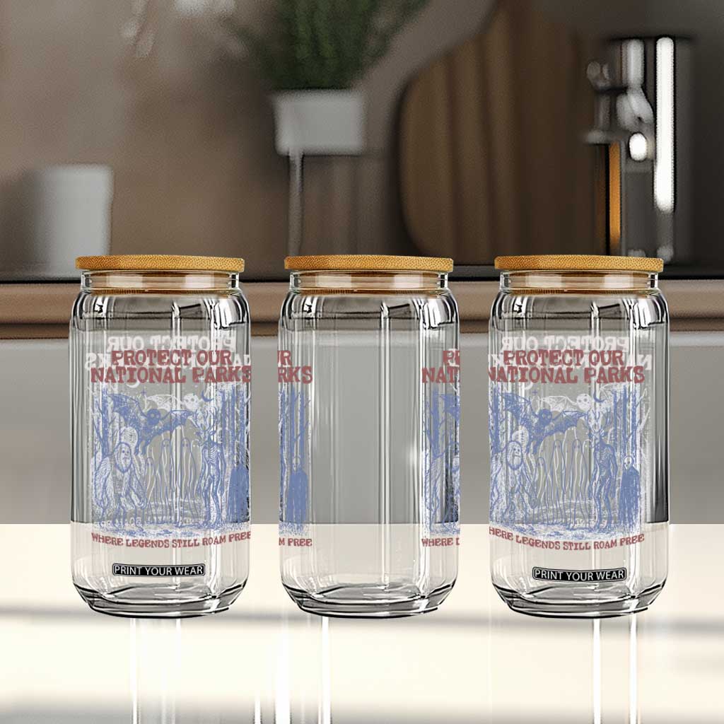 Protect Our National Parks Funny Cryptid Society Vintage Graphic Glass Can Bigfoot Mothman Wendigo Where Legends Still Roam Free