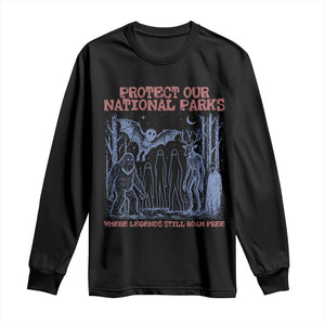 Protect Our National Parks Funny Cryptid Society Vintage Graphic Long Sleeve Shirt Bigfoot Mothman Wendigo Where Legends Still Roam Free