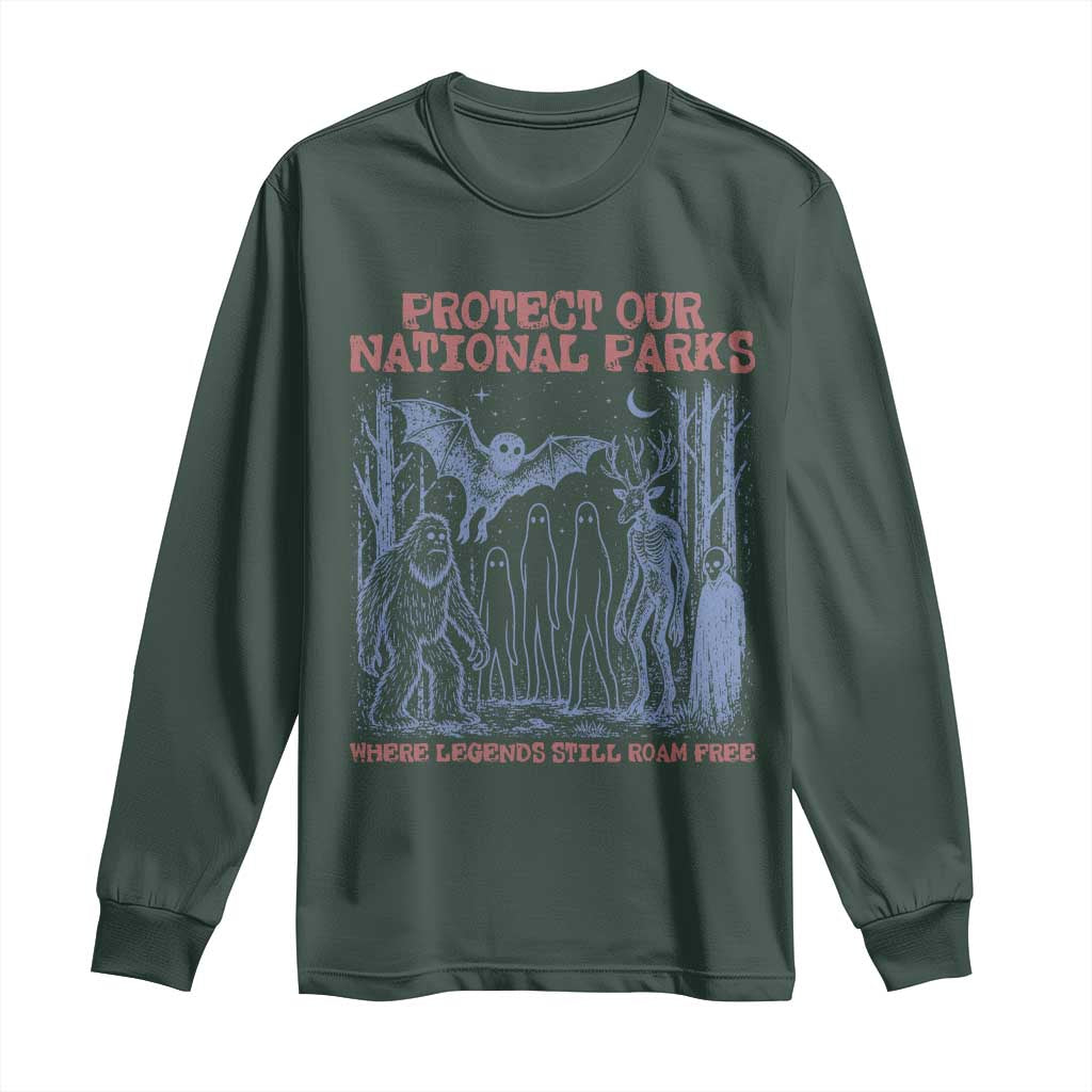 Protect Our National Parks Funny Cryptid Society Vintage Graphic Long Sleeve Shirt Bigfoot Mothman Wendigo Where Legends Still Roam Free