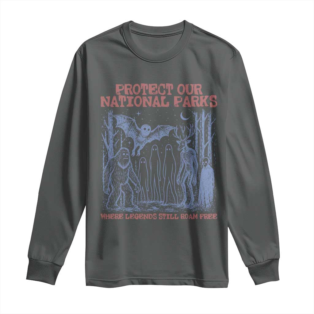 Protect Our National Parks Funny Cryptid Society Vintage Graphic Long Sleeve Shirt Bigfoot Mothman Wendigo Where Legends Still Roam Free